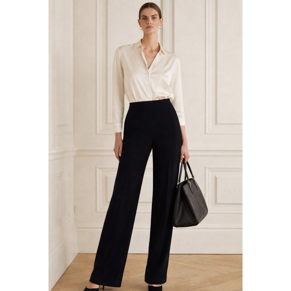 St John Collection Santana Knit Pants S Black Wide Leg Pull On Wool Quiet Luxury